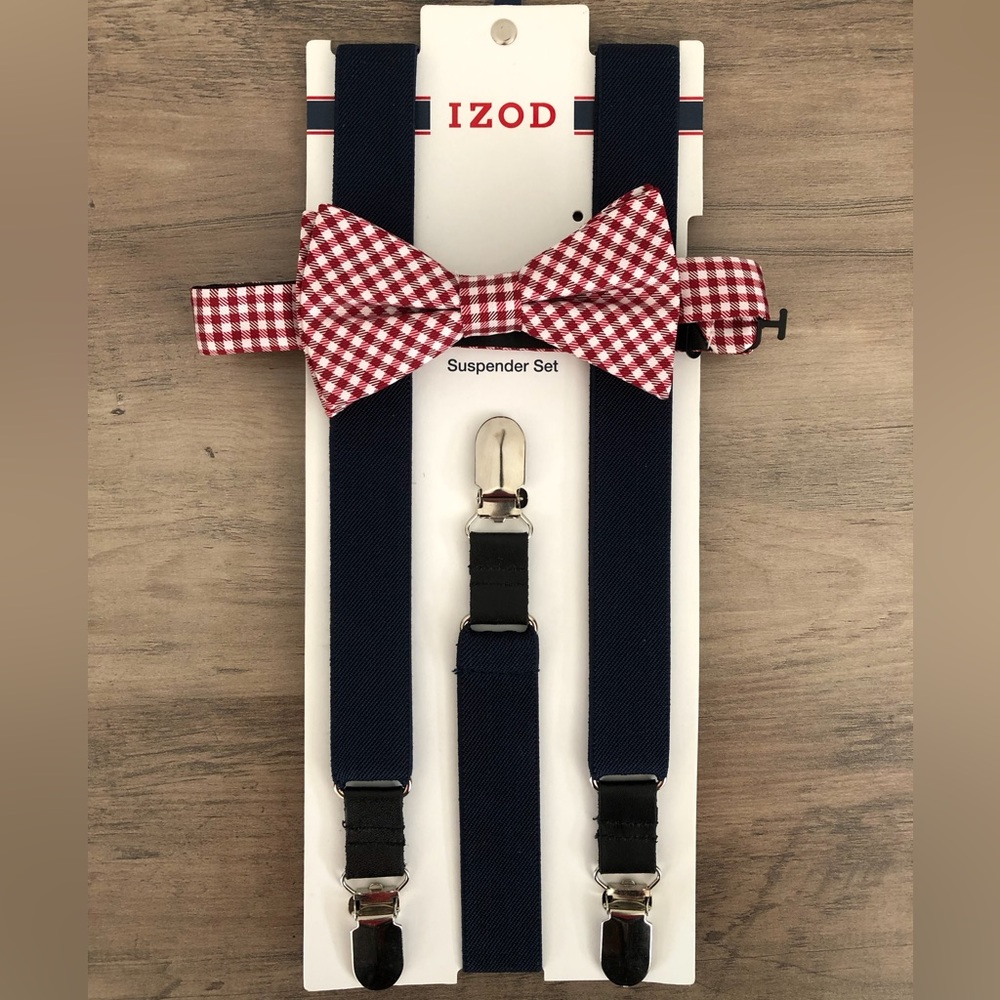 IZOD Red and White Checkered Bow Tie and Navy Suspender Set